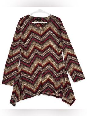 N Touch‎ Tunic Top Womens L Large Red Black Beige Geo Long Sleeve Keyhole Neck